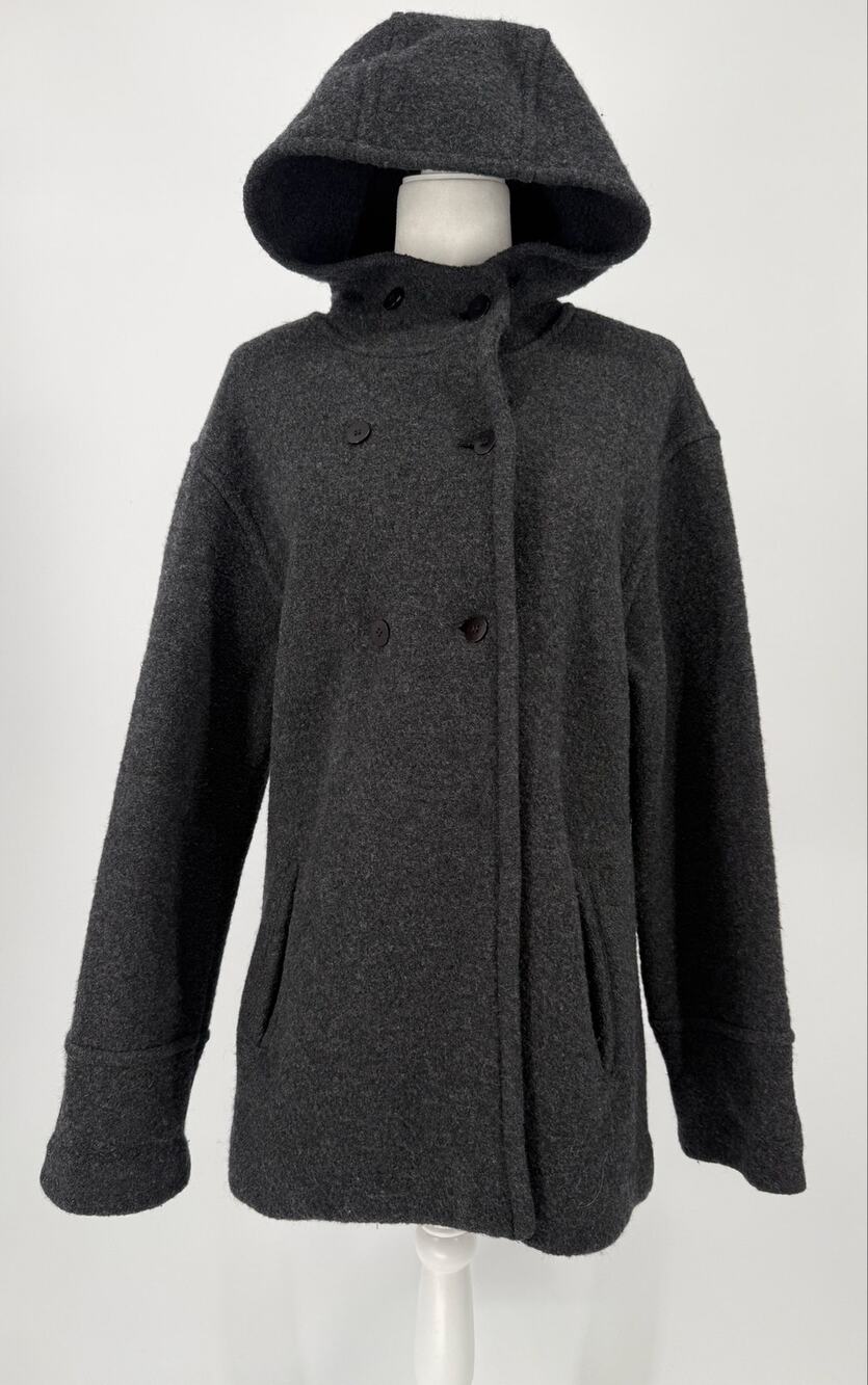 Y2K Express World Brand Charcoal Gray Hooded 100% Wool Peacoat Jacket M